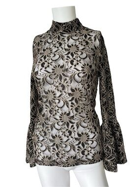 Anne Fontaine Sabine Lace Gold Blouse Sheer Floral Bell Sleeve Womens Size 38